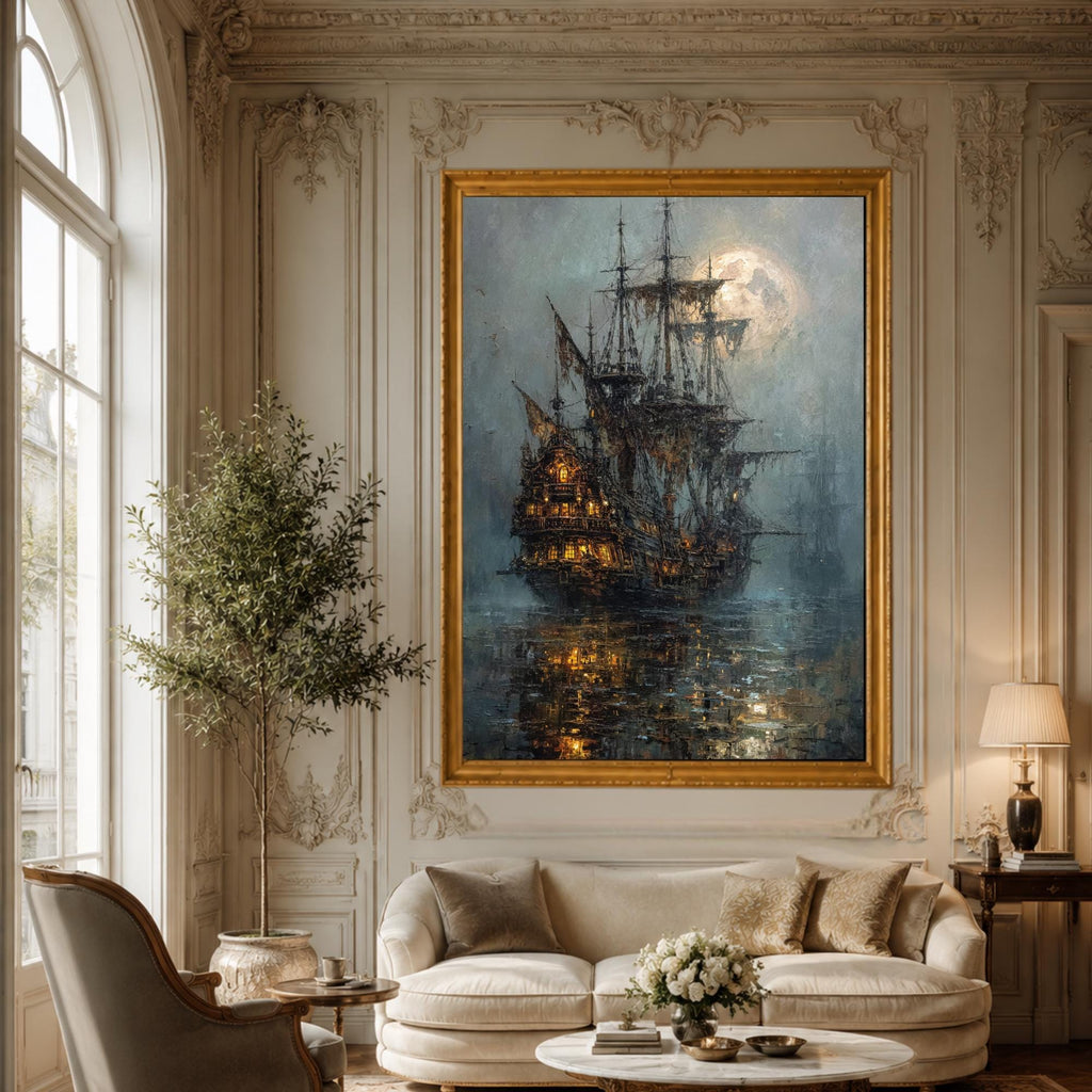 Moonlit Pirate Ghost Ship Wall Art, Gothic Nautical Print, Haunted  Vintage Maritime Canvas Painting