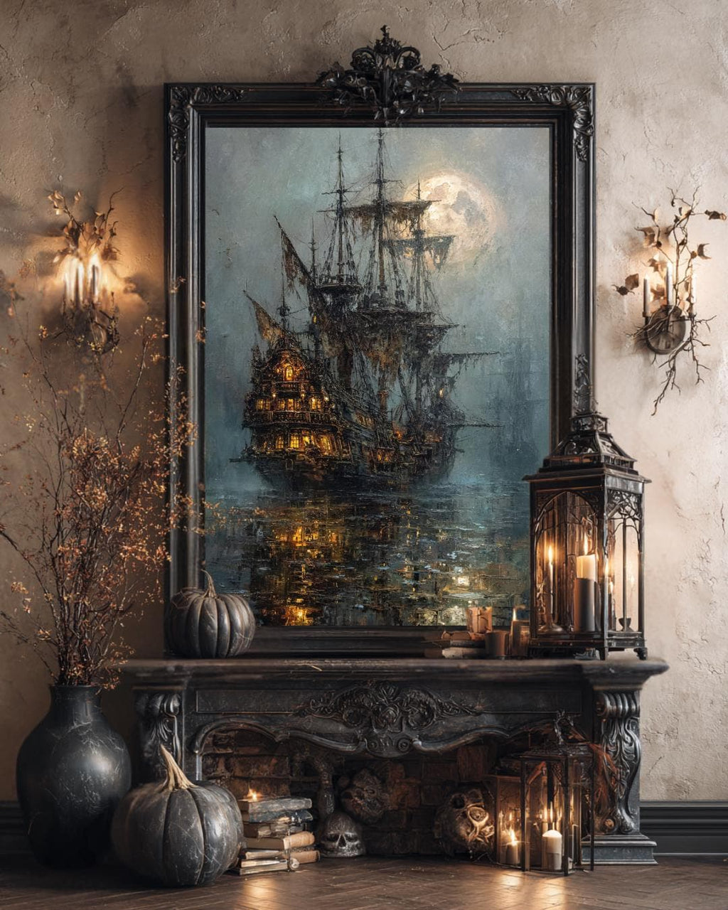 Moonlit Pirate Ghost Ship Wall Art, Gothic Nautical Print, Haunted  Vintage Maritime Canvas Painting