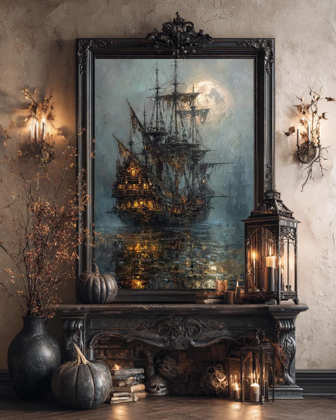 Moonlit Pirate Ghost Ship Wall Art, Gothic Nautical Print, Haunted  Vintage Maritime Canvas Painting