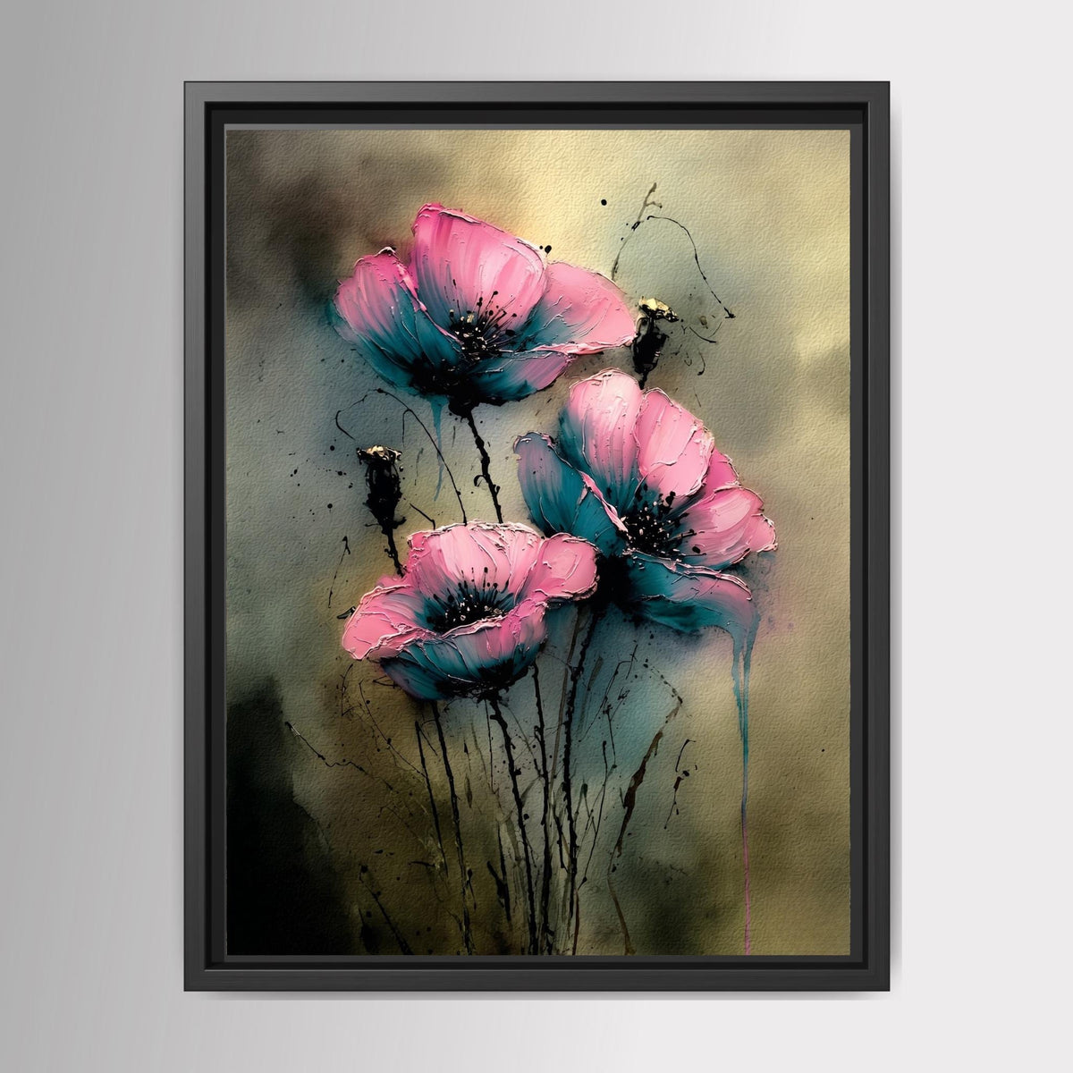 Pink Teal Floral Wall Art Print, Moody Abstract Flower Painting, Dark Romantic Botanical Decor Main image