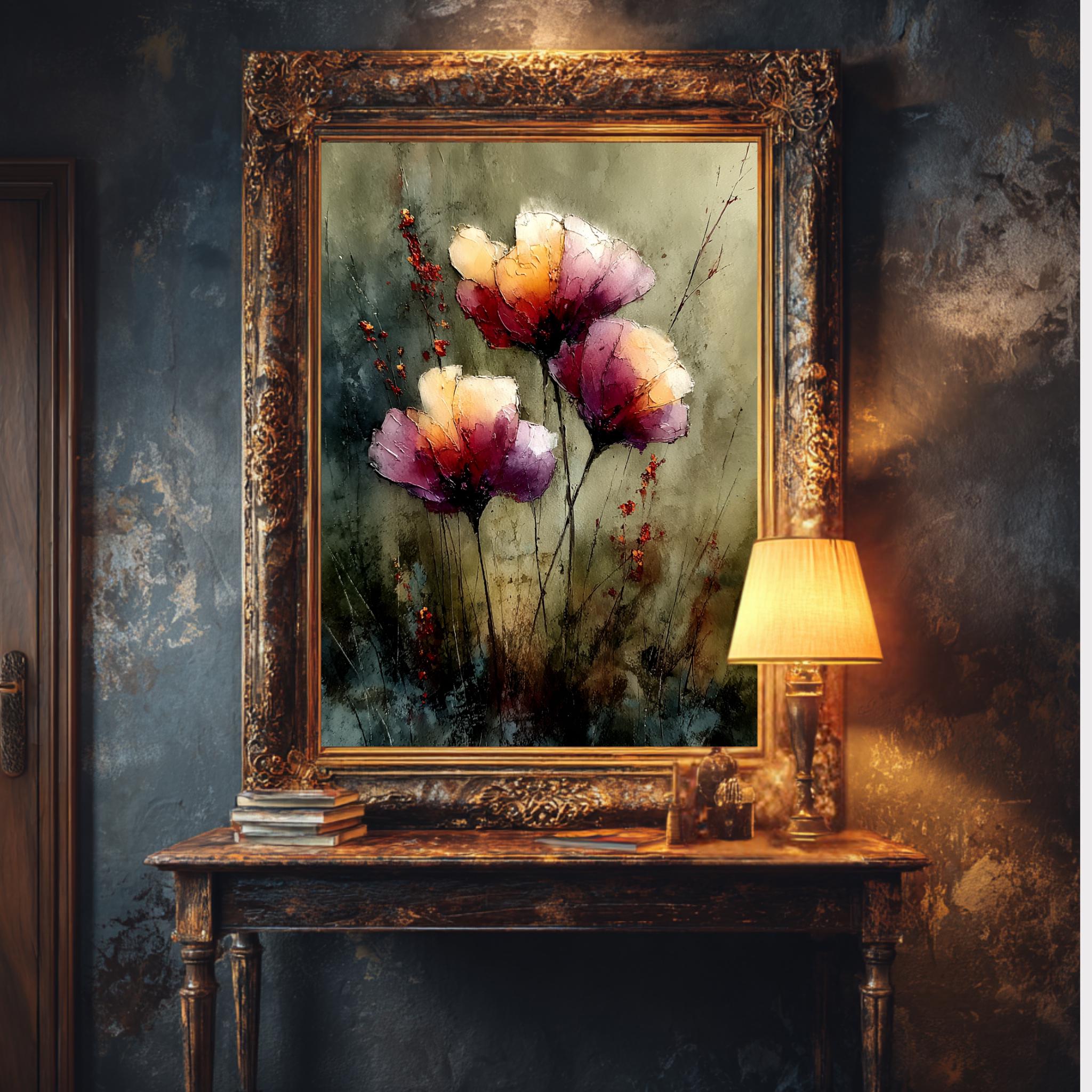 Watercolor Wildflower Art Print Dark and Moody Floral Wall Decor, Peach Plum Flower Painting Secondary image