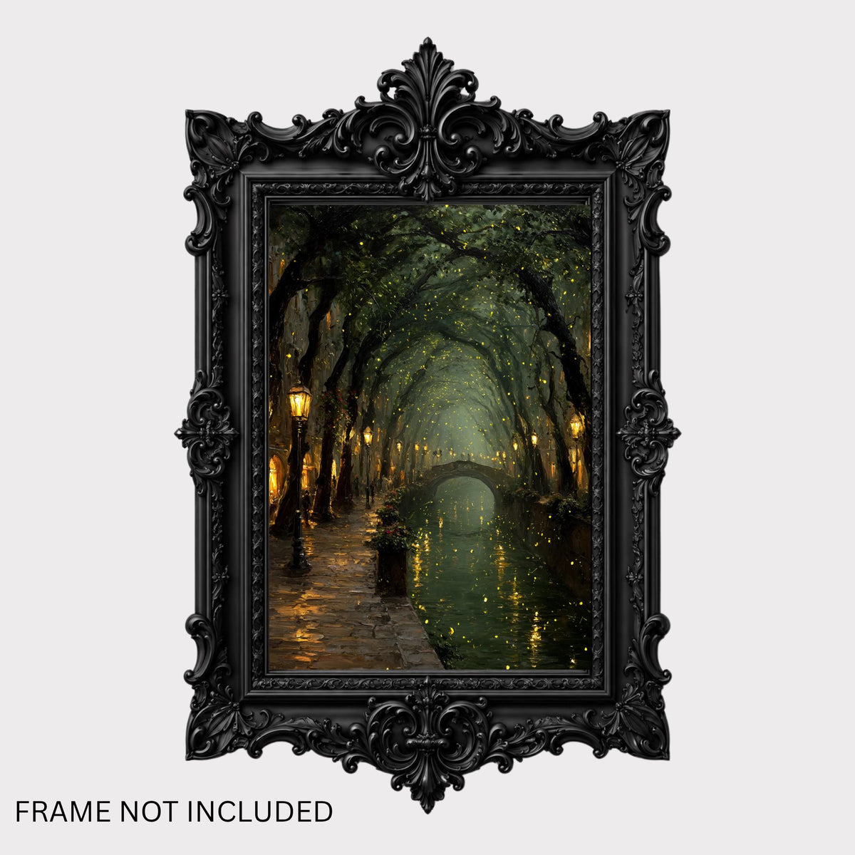 Enchanted Canal Wall Art, Firefly Night Painting, Romantic Street Lamps, Moody Forest Tunnel Print