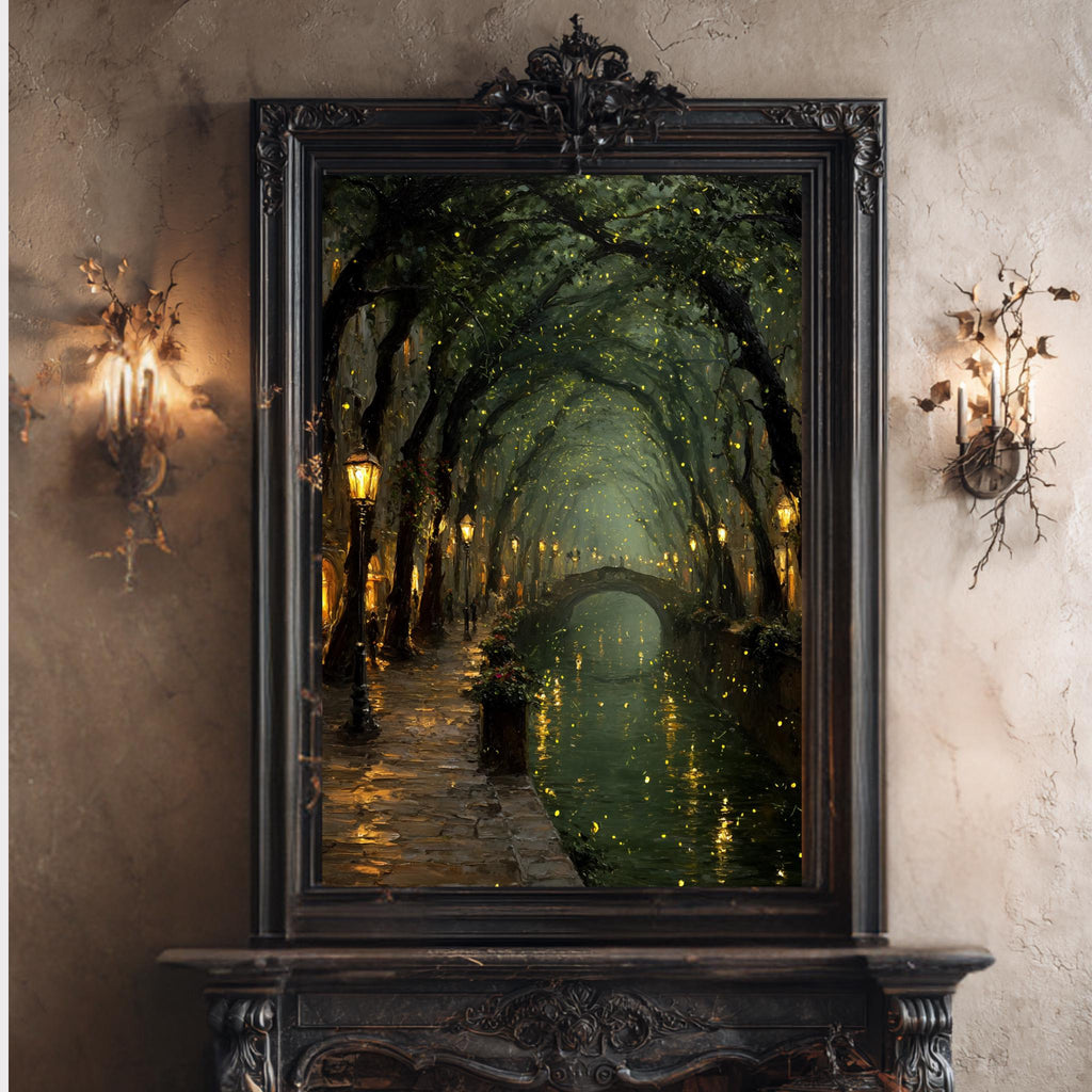 Enchanted Canal Wall Art, Firefly Night Painting, Romantic Street Lamps, Moody Forest Tunnel Print