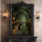 Enchanted Canal Wall Art, Firefly Night Painting, Romantic Street Lamps, Moody Forest Tunnel Print