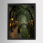 Enchanted Canal Wall Art, Firefly Night Painting, Romantic Street Lamps, Moody Forest Tunnel Print