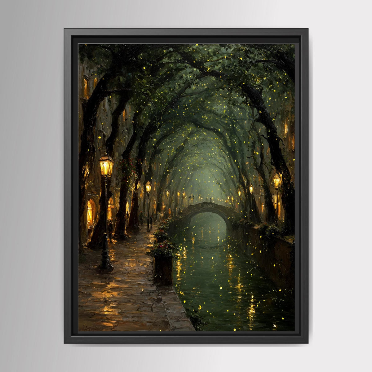 Enchanted Canal Wall Art, Firefly Night Painting, Romantic Street Lamps, Moody Forest Tunnel Print