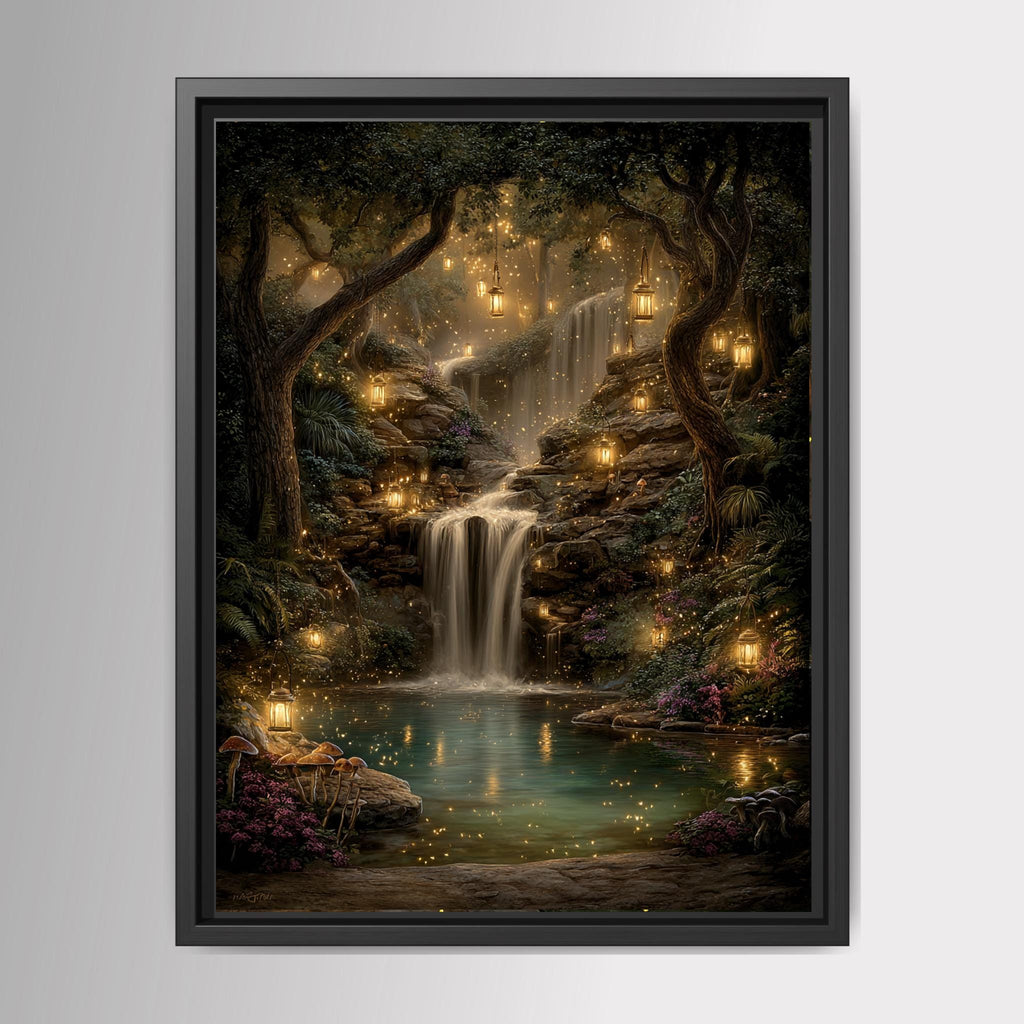 Enchanted Woodland Waterfall Print, Fireflies and Golden Lights Magical Forest Tree Painting