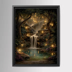 Enchanted Woodland Waterfall Print, Fireflies and Golden Lights Magical Forest Tree Painting