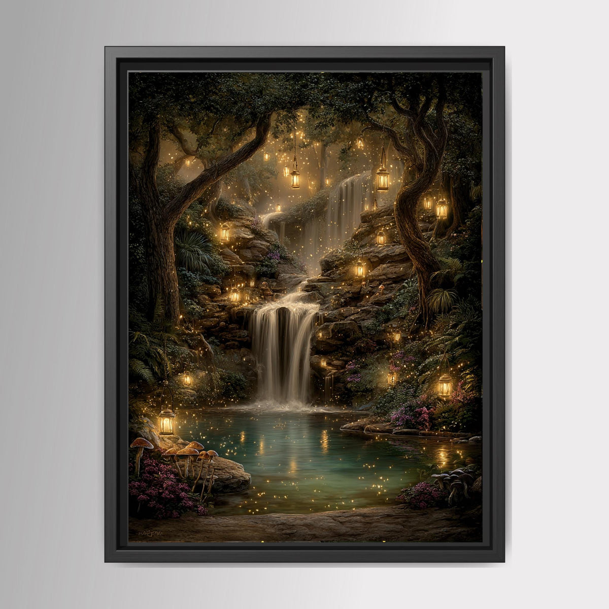 Enchanted Woodland Waterfall Print, Fireflies and Golden Lights Magical Forest Tree Painting