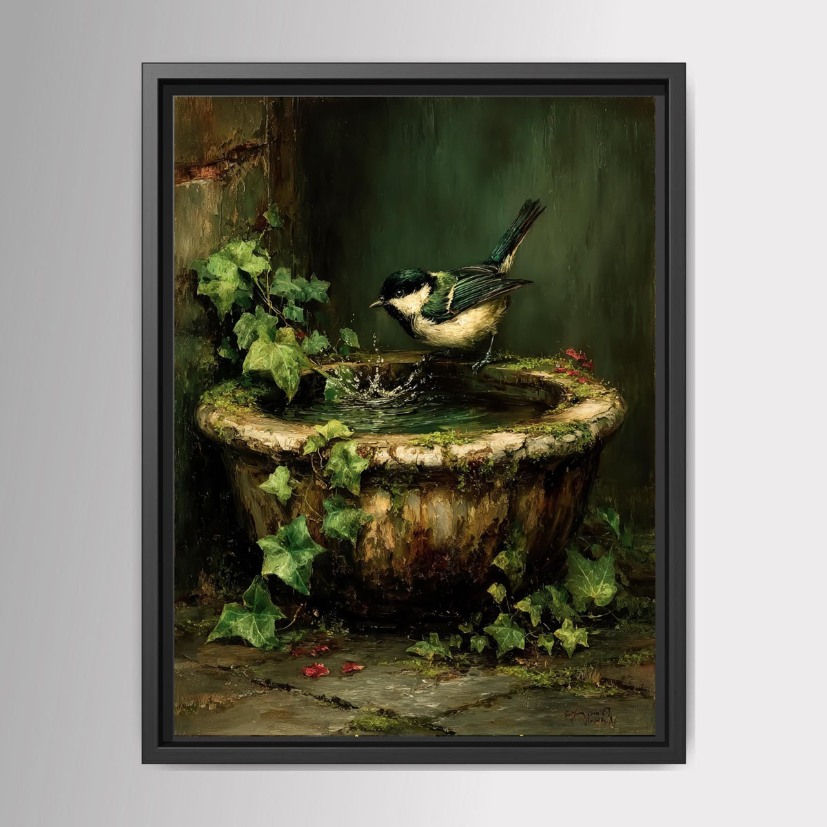Garden Bird in Vintage Stone Bird Bath Print Oil Painted Style Wall Art