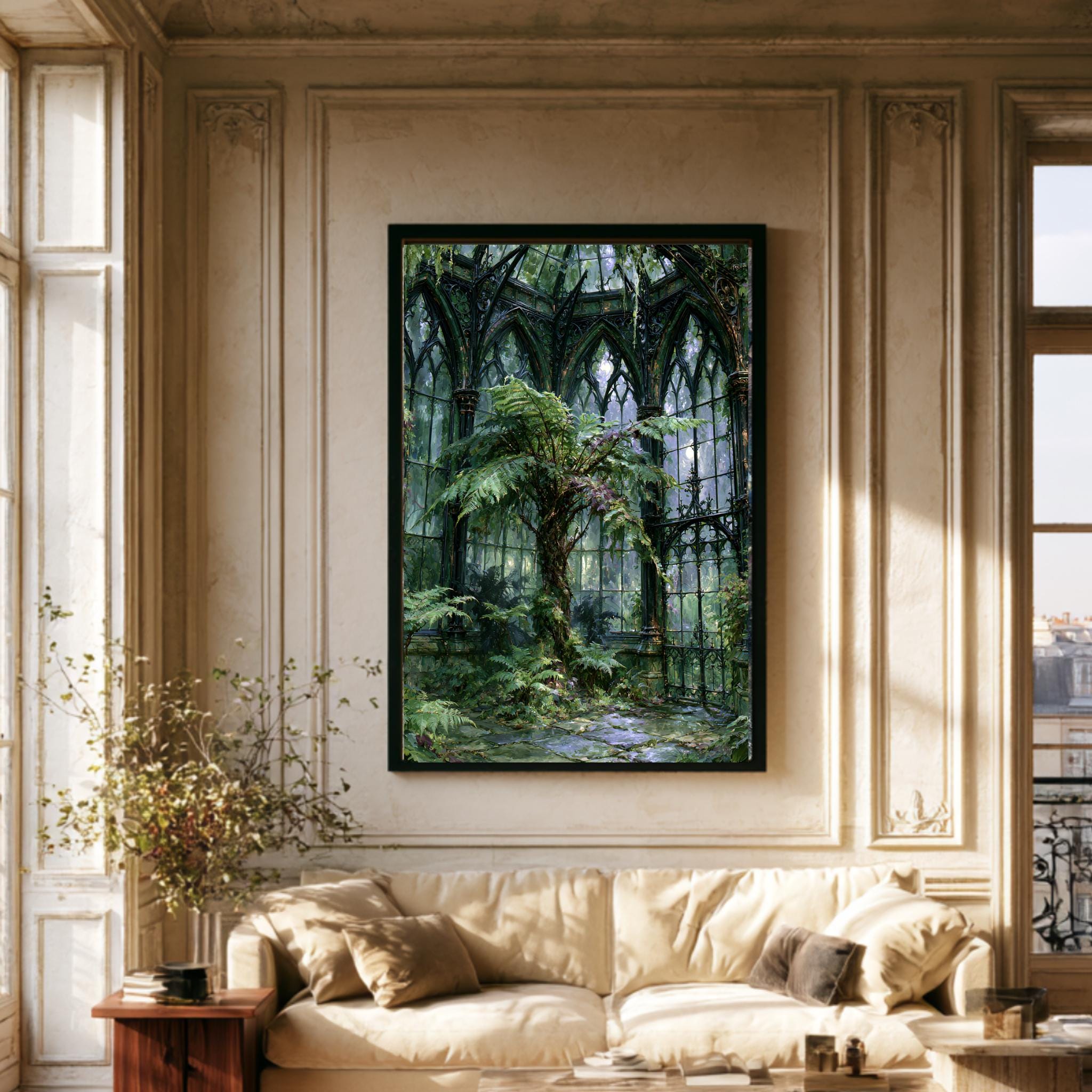 Victorian Conservatory Wall Art, Fernery Print, Enchanted Greenhouse Painting, Dark Botanical Canvas Artwork Secondary image