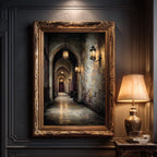 Candlelit Stone Hallway Wall Art, Gothic Corridor Print, Dark Academia Printed Artwork
