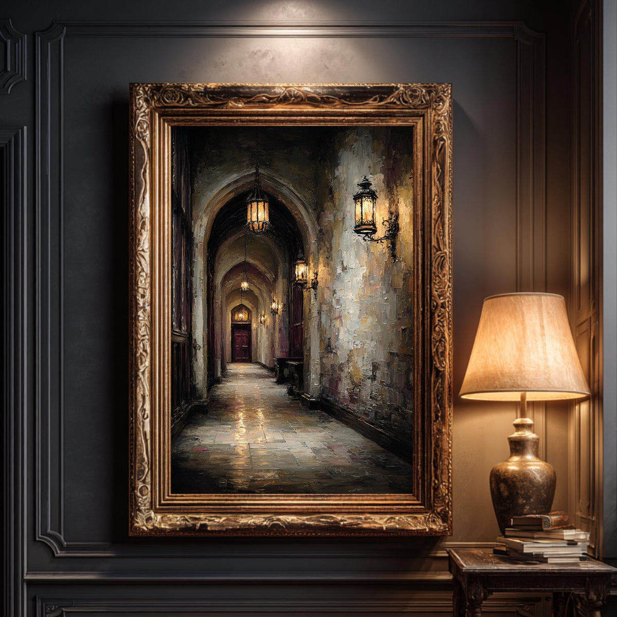 Candlelit Stone Hallway Wall Art, Gothic Corridor Print, Dark Academia Printed Artwork