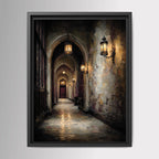 Candlelit Stone Hallway Wall Art, Gothic Corridor Print, Dark Academia Printed Artwork