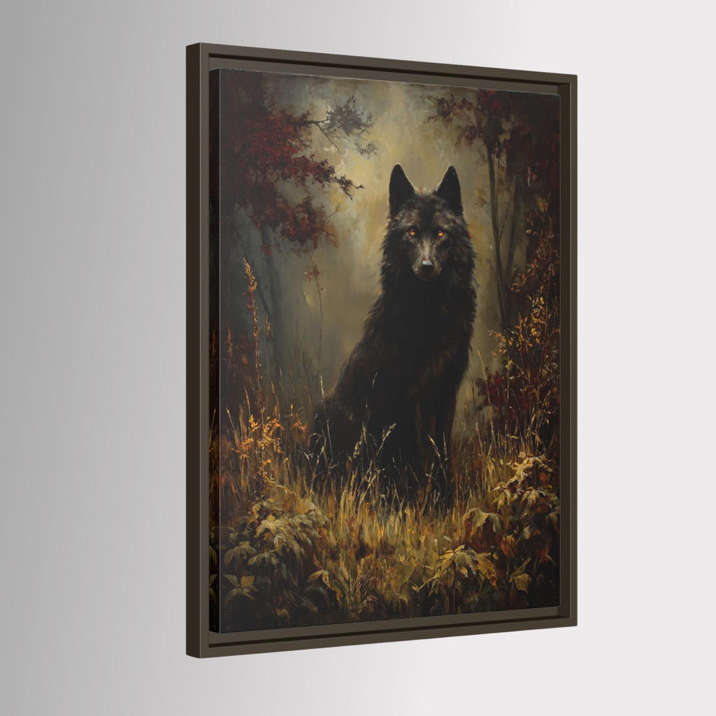 Black Wolf Wall Art, Moody Forest Canvas, Gothic Wildlife Print, Dark Academia Decor Painting