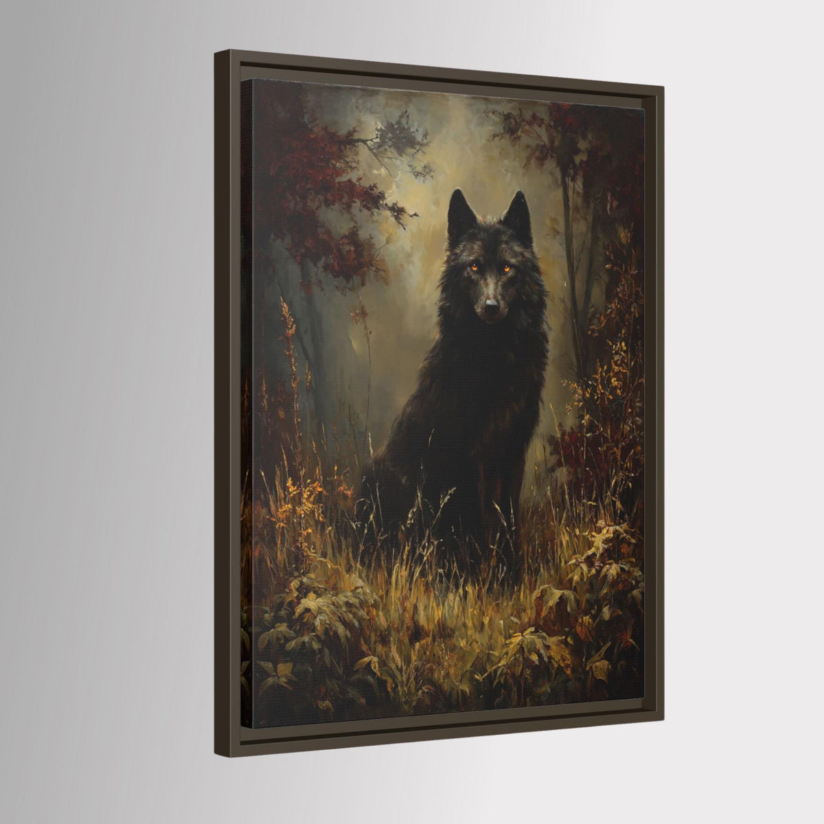 Black Wolf Wall Art, Moody Forest Canvas, Gothic Wildlife Print, Dark Academia Decor Painting