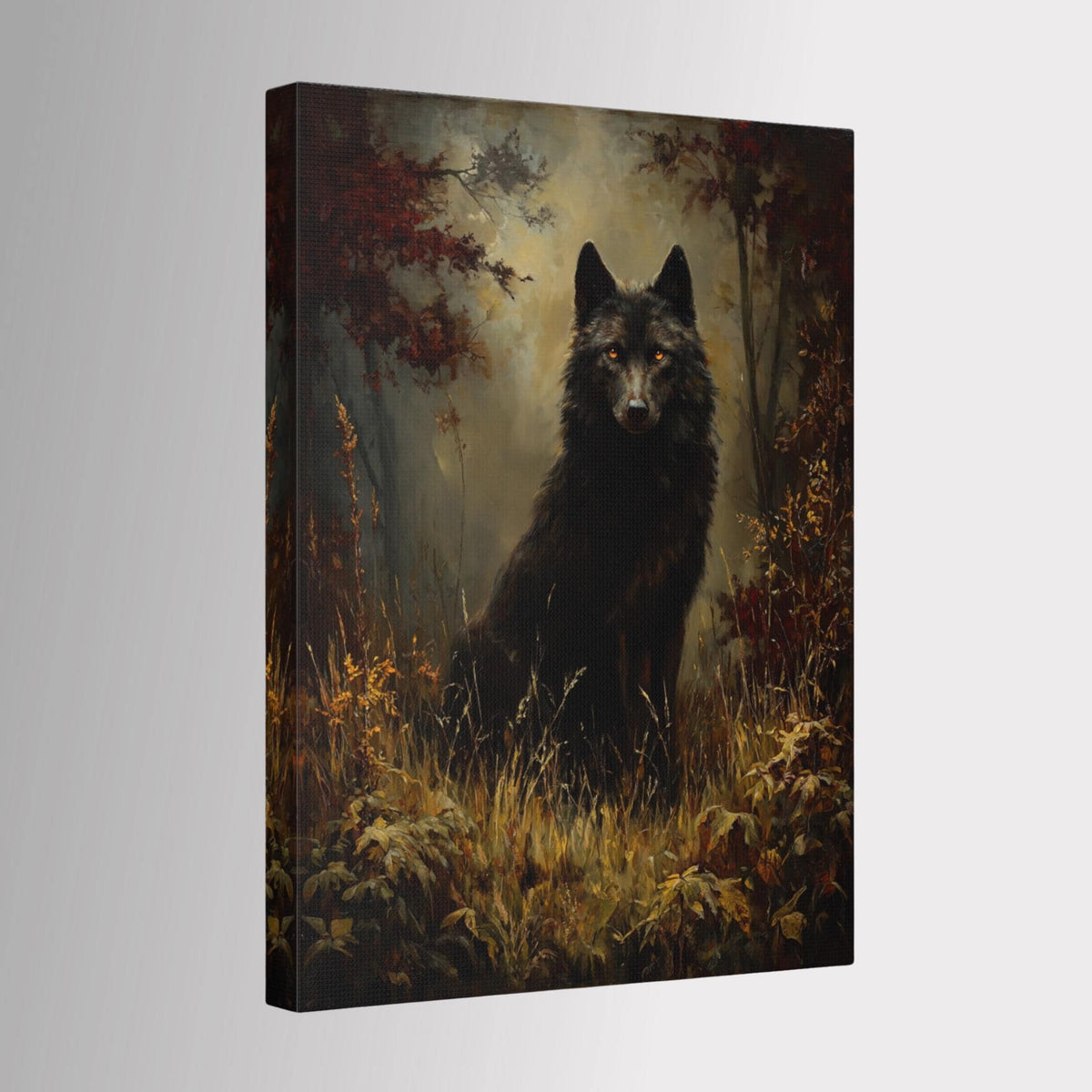 Black Wolf Wall Art, Moody Forest Canvas, Gothic Wildlife Print, Dark Academia Decor Painting