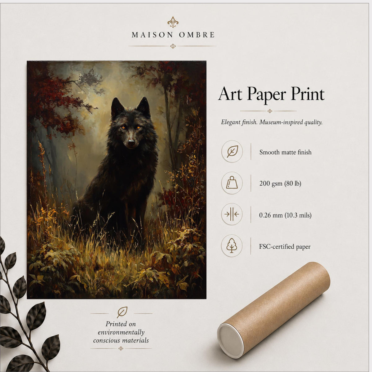 Black Wolf Wall Art, Moody Forest Canvas, Gothic Wildlife Print, Dark Academia Decor Painting