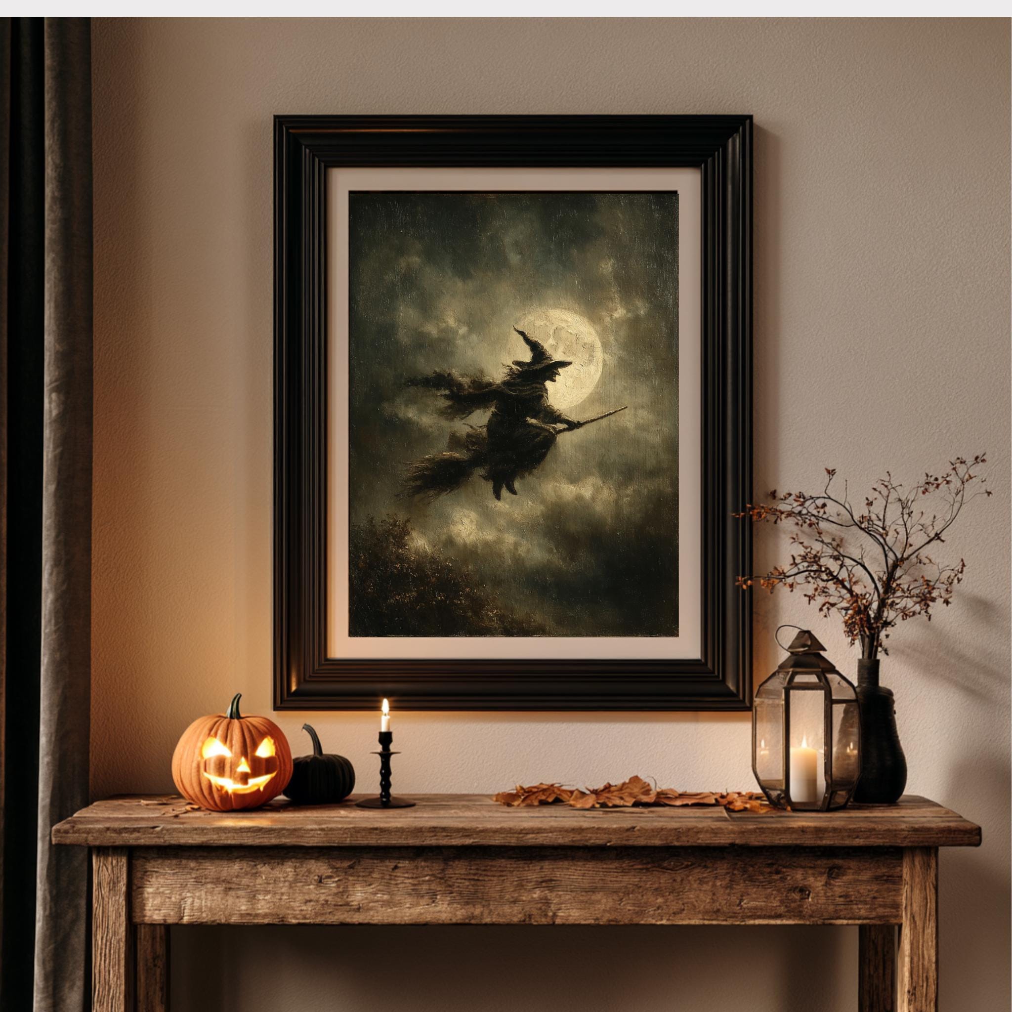 Vintage Witch Print, Flying Broomstick Silhouette, Full Moon Halloween Witchy Dark Moody Decor Secondary image