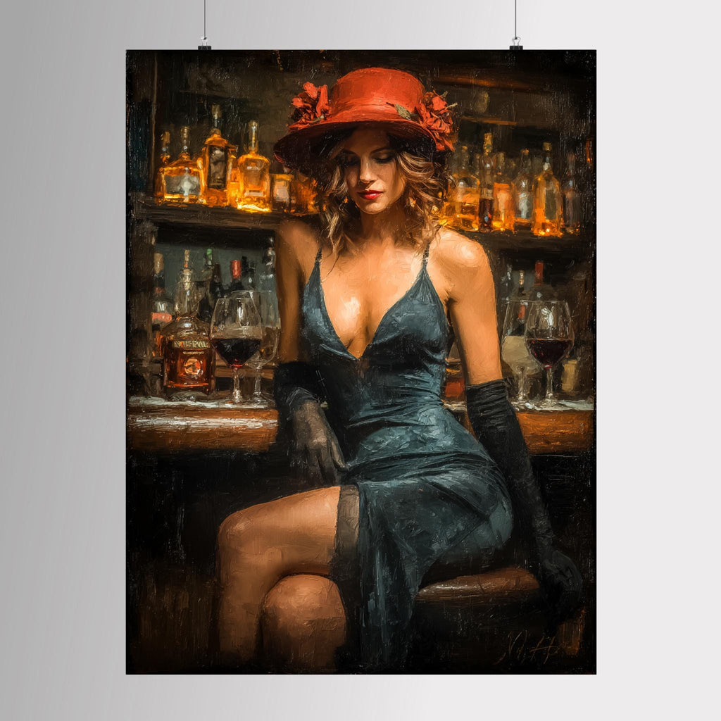 Woman in Bar Print, Black Dress and Red Hat Wall Art, Vintage Glamour Painting