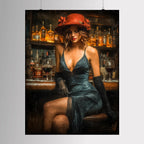 Woman in Bar Print, Black Dress and Red Hat Wall Art, Vintage Glamour Painting