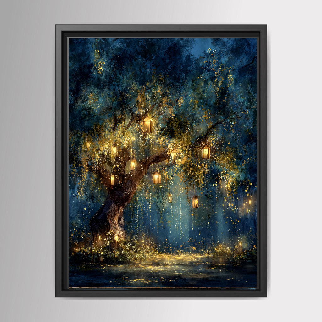 Firefly Lantern Tree Art Print Blue Sky Woodland at Night Magical Fairy Lights Painting,