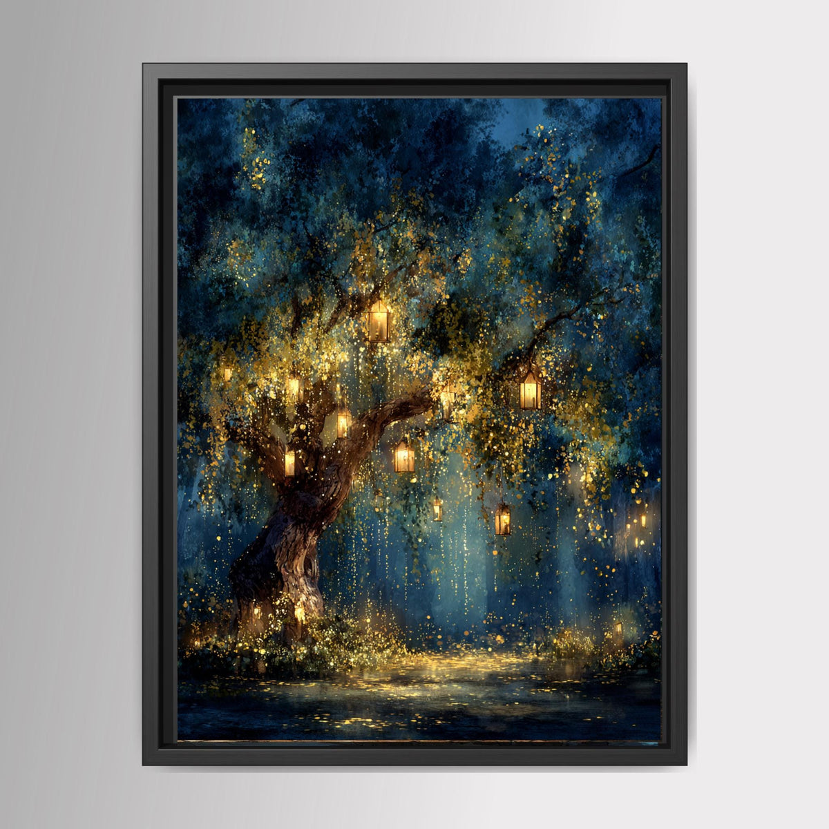 Firefly Lantern Tree Art Print Blue Sky Woodland at Night Magical Fairy Lights Painting,