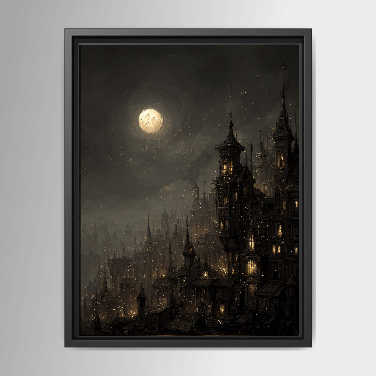 Victorian Moonlit Silhouette City Buildings Wall Art Print, Gothic Full Moon Cityscape Decor Main image