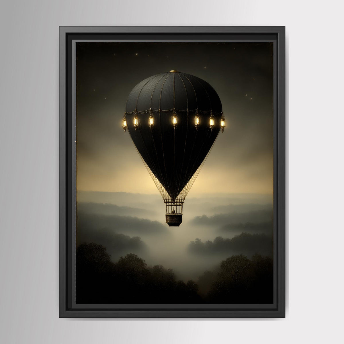 Vintage Black Hot Air Balloon Wall Art Print, Misty Landscape Artwork Moody Painting Main image