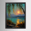 Moonlit Willow Lake Wall Art Print, Teal and Gold Landscape, Enchanted Fireflies Decor Artwork