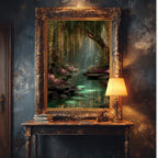 Golden Willow Forest Print, Fairy Light River Wall Art, Enchanted Tree Mystical Green Landscape