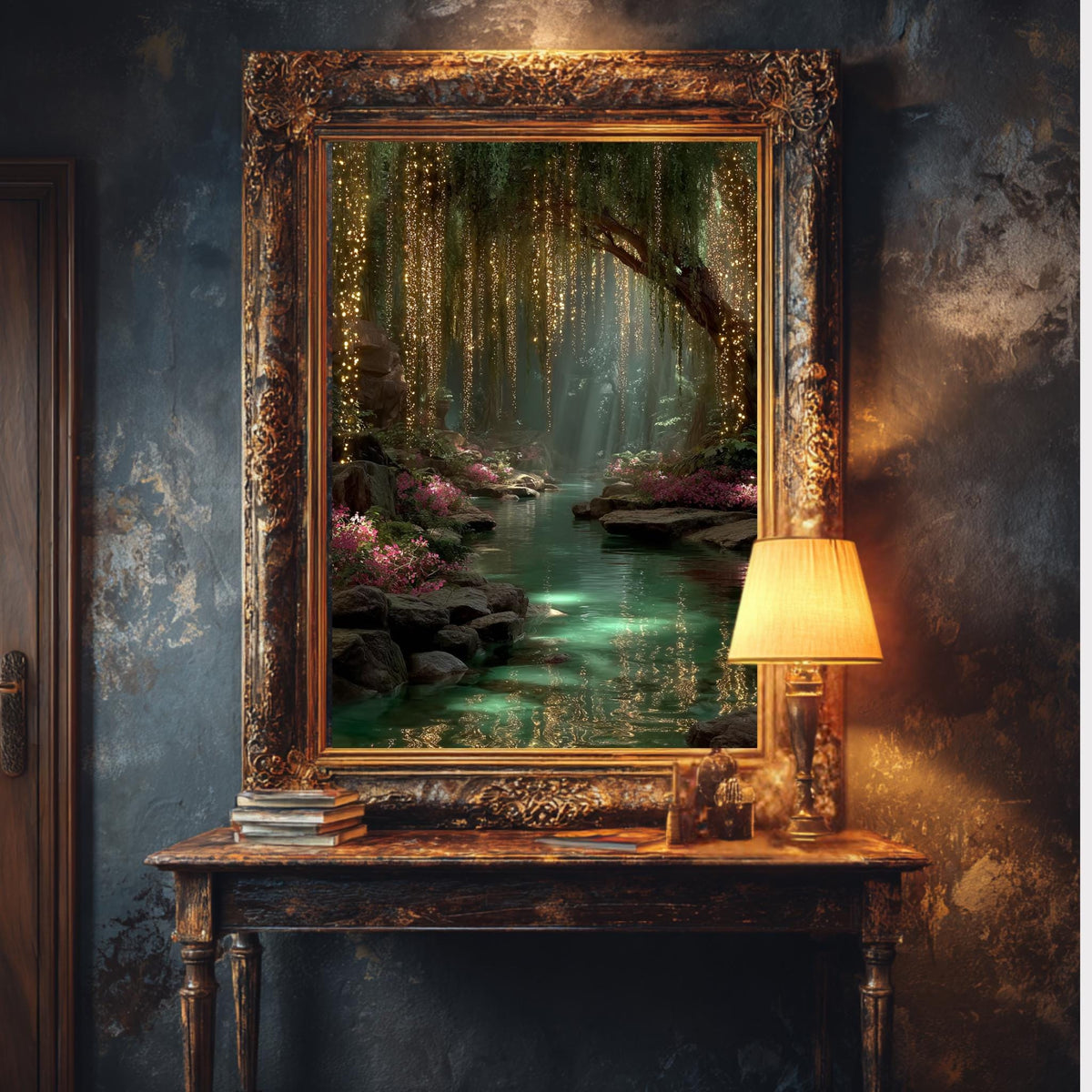 Golden Willow Forest Print, Fairy Light River Wall Art, Enchanted Tree Mystical Green Landscape