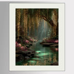 Golden Willow Forest Print, Fairy Light River Wall Art, Enchanted Tree Mystical Green Landscape