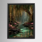 Golden Willow Forest Print, Fairy Light River Wall Art, Enchanted Tree Mystical Green Landscape