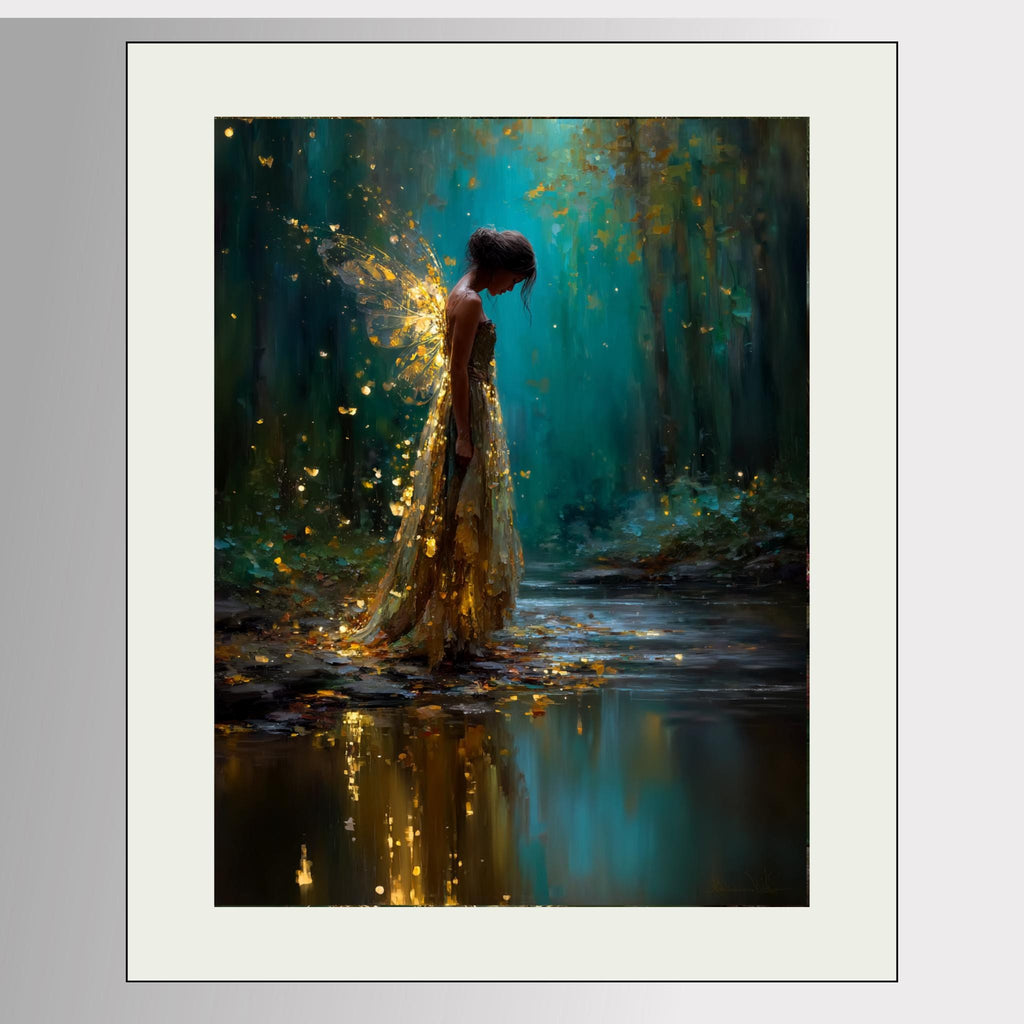 Forest Fairy Tattered Gold Wings Wall Art, Teal Fantasy Print, Enchanted Moonlit Woodland Decor