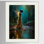 Forest Fairy Tattered Gold Wings Wall Art, Teal Fantasy Print, Enchanted Moonlit Woodland Decor