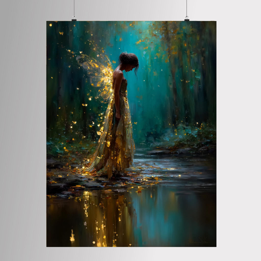 Forest Fairy Tattered Gold Wings Wall Art, Teal Fantasy Print, Enchanted Moonlit Woodland Decor