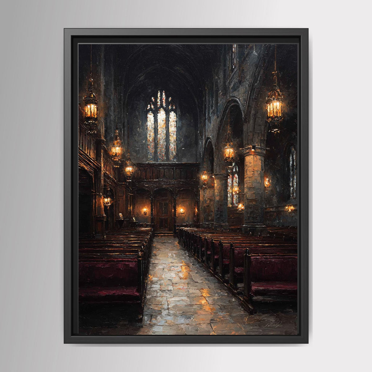 Stained Glass Window Chapel Wall Art Print Victorian Church Interior Glowing Lantern Lights Painting Main image