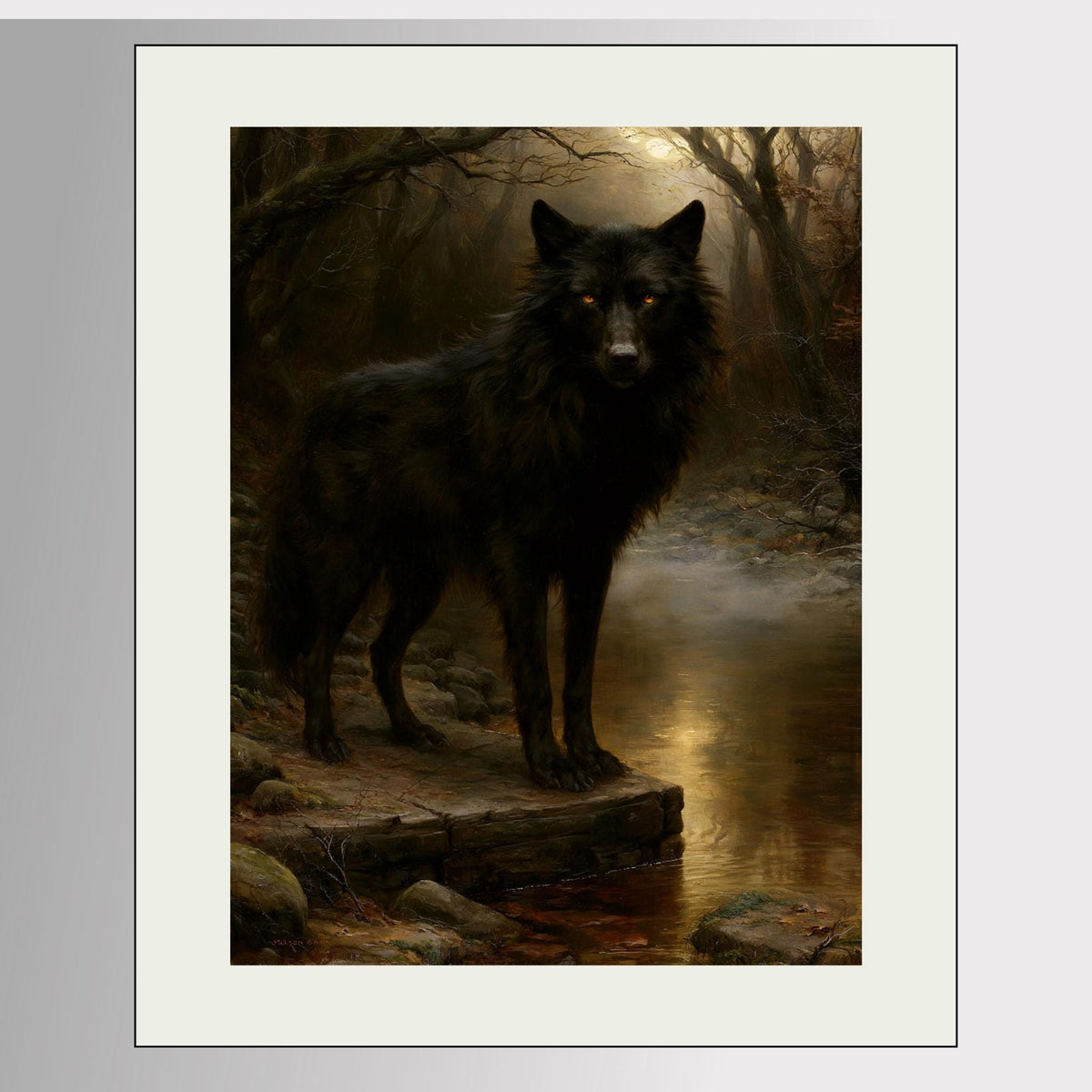 Black Wolf Wall Art, Gothic Animal Print, Dark Forest Painting, Woodland Decor, Masculine Artwork