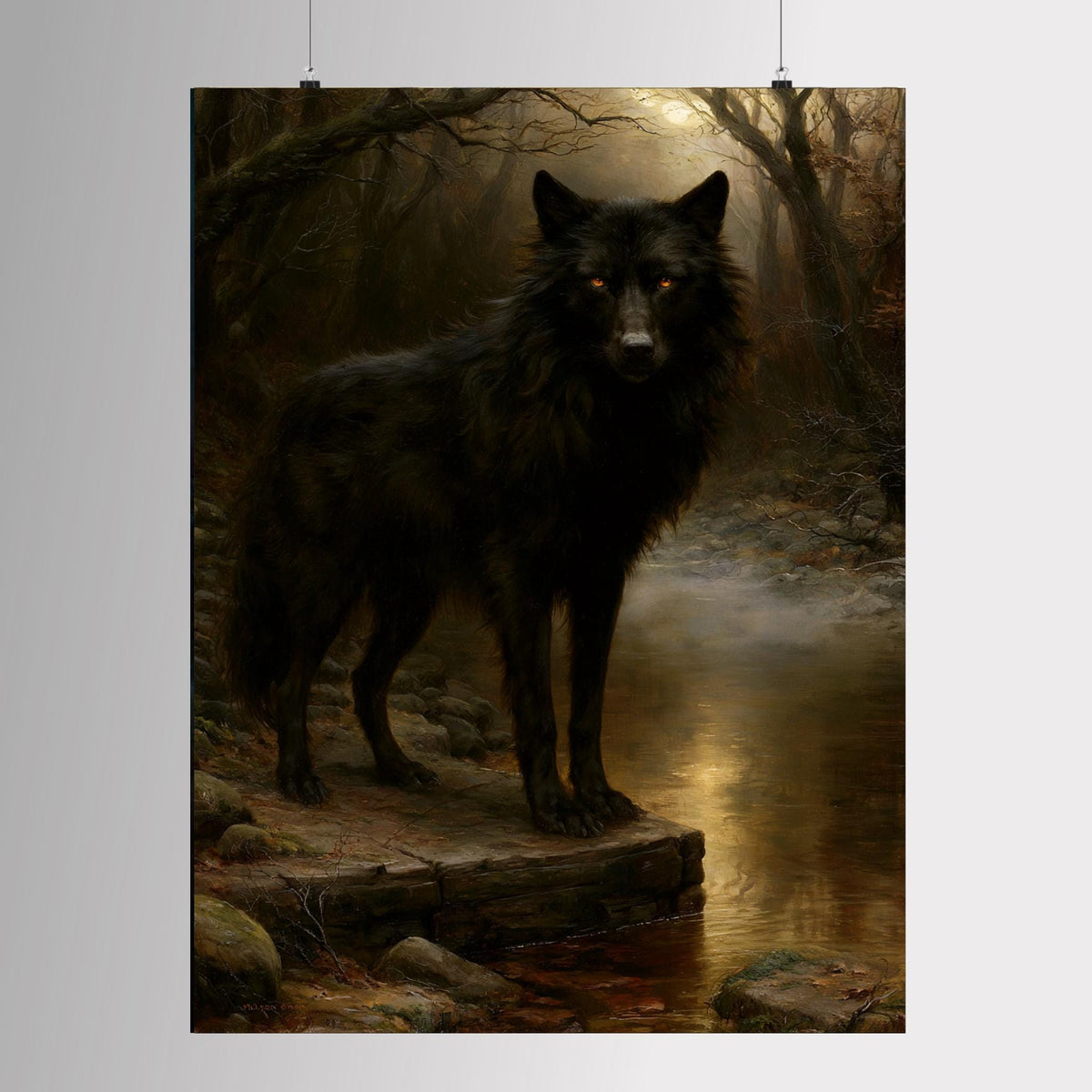 Black Wolf Wall Art, Gothic Animal Print, Dark Forest Painting, Woodland Decor, Masculine Artwork