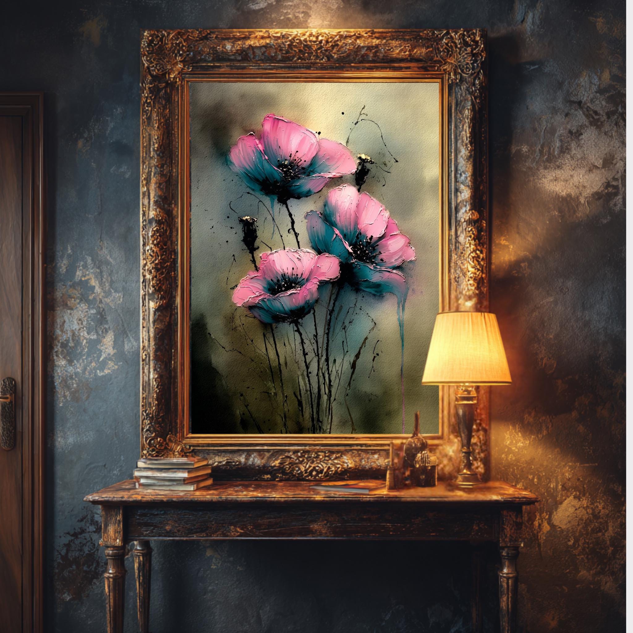 Pink Teal Floral Wall Art Print, Moody Abstract Flower Painting, Dark Romantic Botanical Decor Secondary image