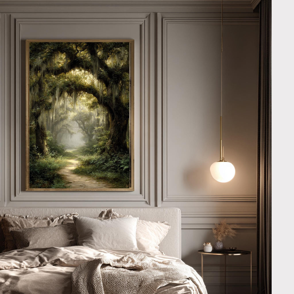 Enchanted Oak Forest Wall Art, Gothic Woodland Path Print, Dark Academia Tree Decor