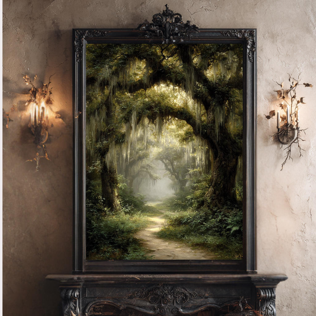 Enchanted Oak Forest Wall Art, Gothic Woodland Path Print, Dark Academia Tree Decor