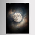 Moody Full Moon Wall Art Print, Dark Atmospheric Night Sky, Celestial Clouds Mystical Painting