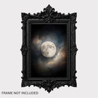 Moody Full Moon Wall Art Print, Dark Atmospheric Night Sky, Celestial Clouds Mystical Painting