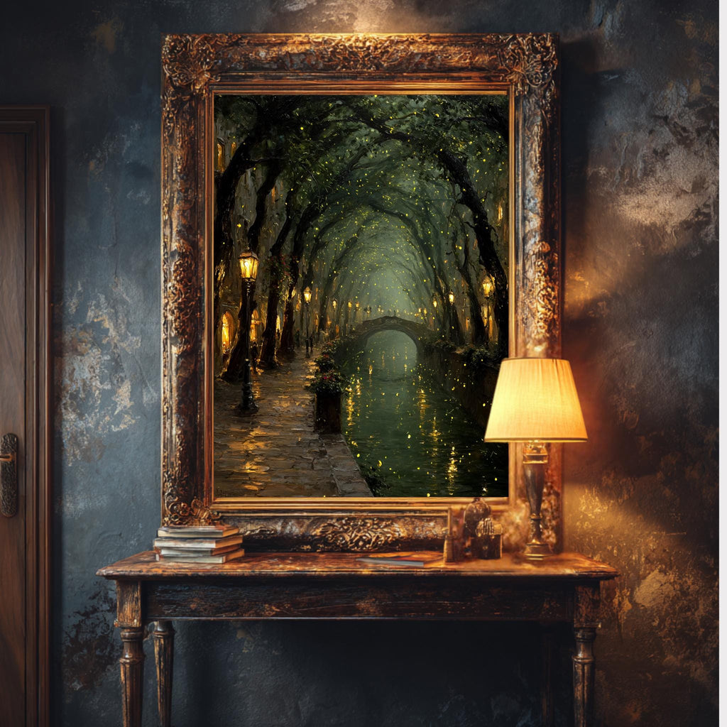 Enchanted Canal Wall Art, Firefly Night Painting, Romantic Street Lamps, Moody Forest Tunnel Print