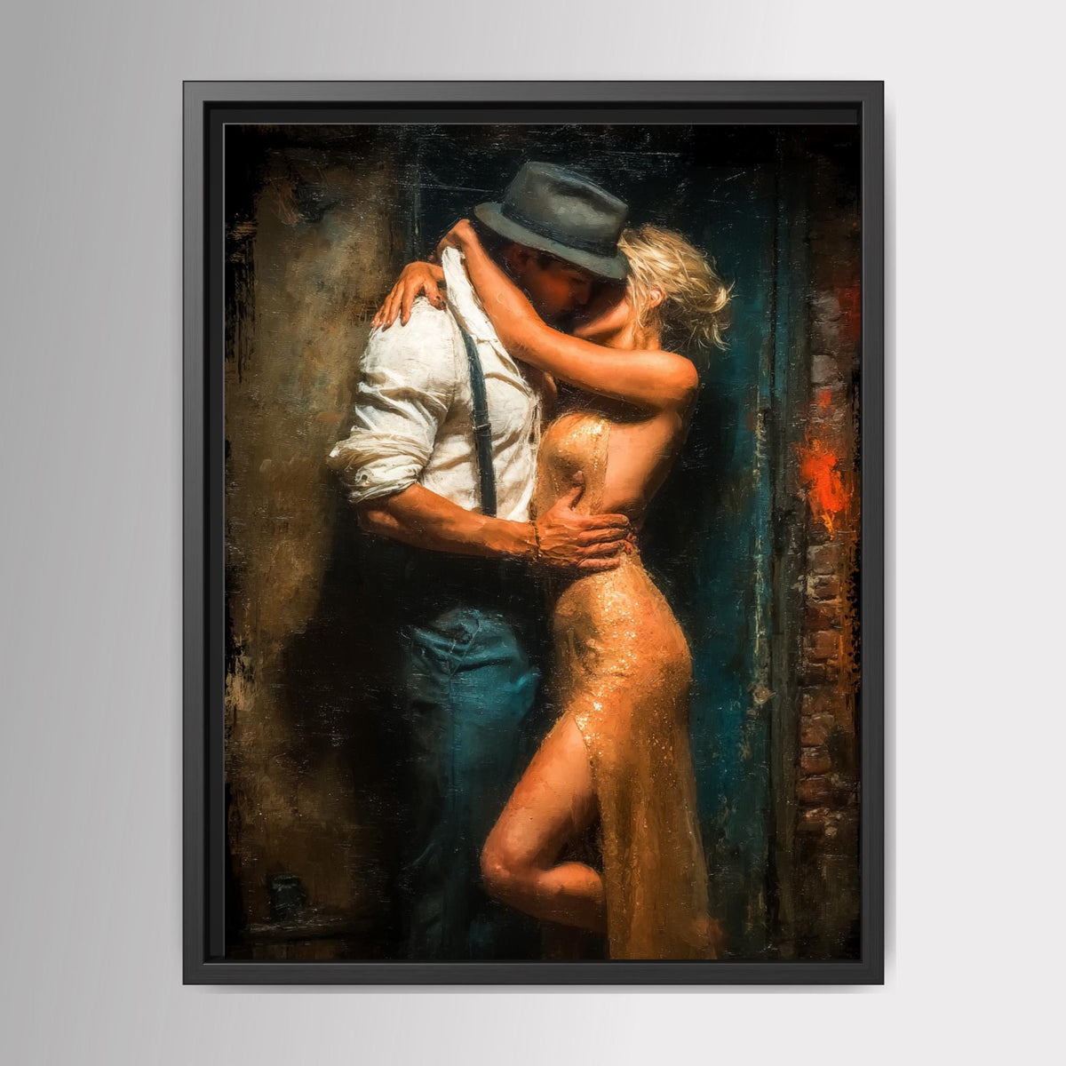 Passionate Lovers Kissing Print, Blonde Woman Gold Dress Vintage Noir Painting, Wall Art Decor Main image