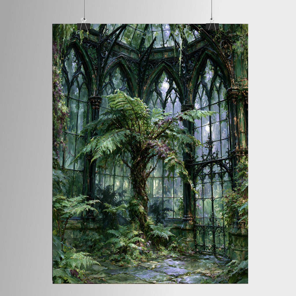 Victorian Conservatory Wall Art, Fernery Print, Enchanted Greenhouse Painting, Dark Botanical Canvas Artwork