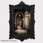 Candlelit Stone Hallway Wall Art, Gothic Corridor Print, Dark Academia Printed Artwork