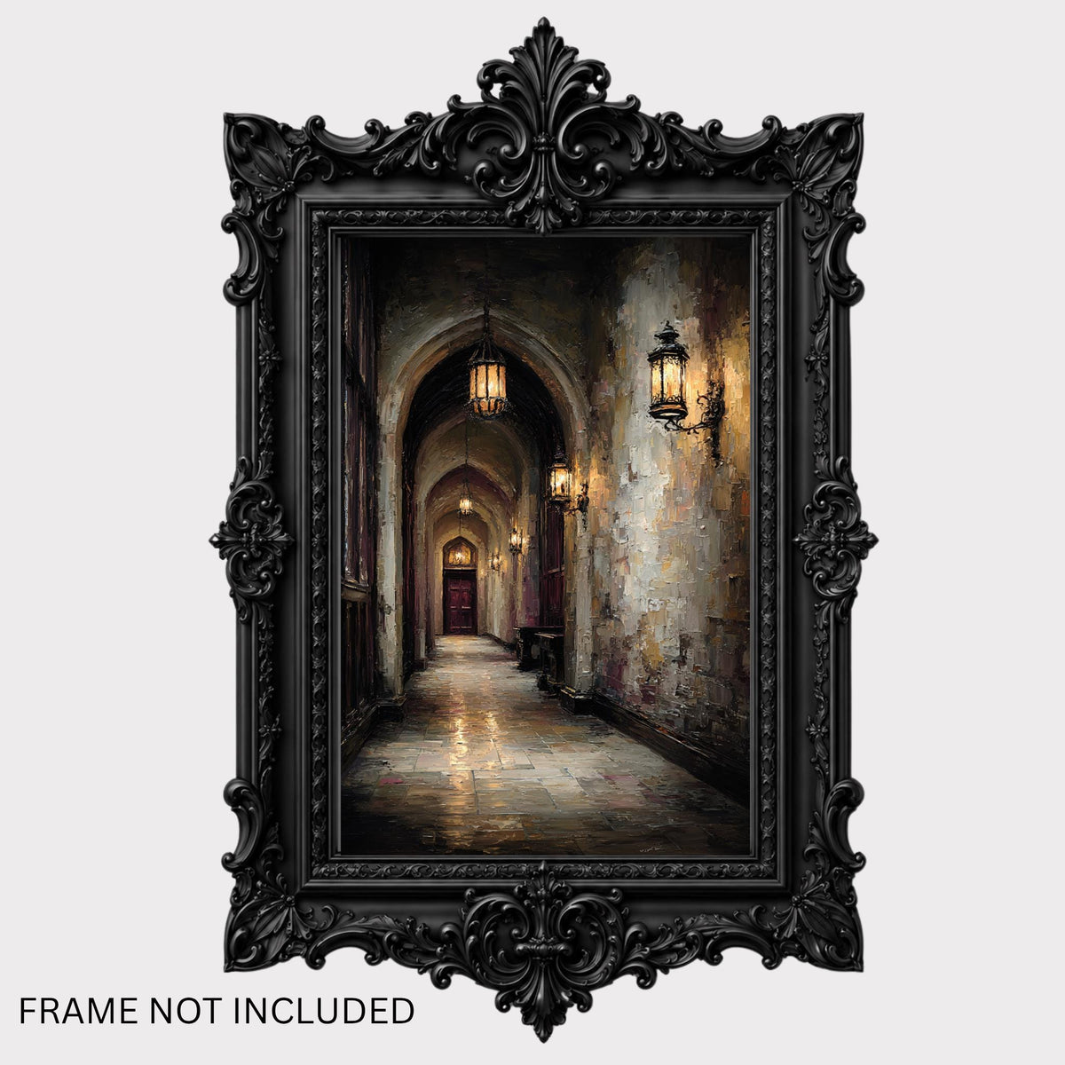 Candlelit Stone Hallway Wall Art, Gothic Corridor Print, Dark Academia Printed Artwork